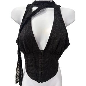 Y2K Lace Halter Corset Top Choker Plunge Hook Front Goth Festival Womens S